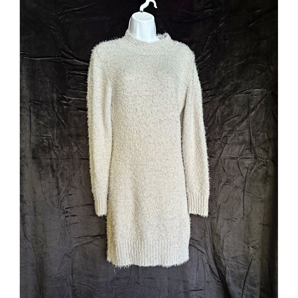 Light grayFuzzy Knit Sweater Dress, Crew Neck Long Sleeve  eyelash knit finish
